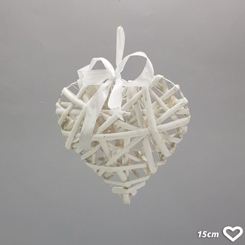 Vessző szív fém vázon - 15 cm - fehér